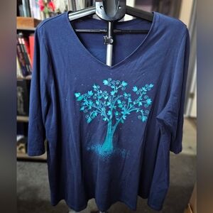 Catherines Navy Blue Top with Teal Tree Design Sz 2x (22/24) 3-1002